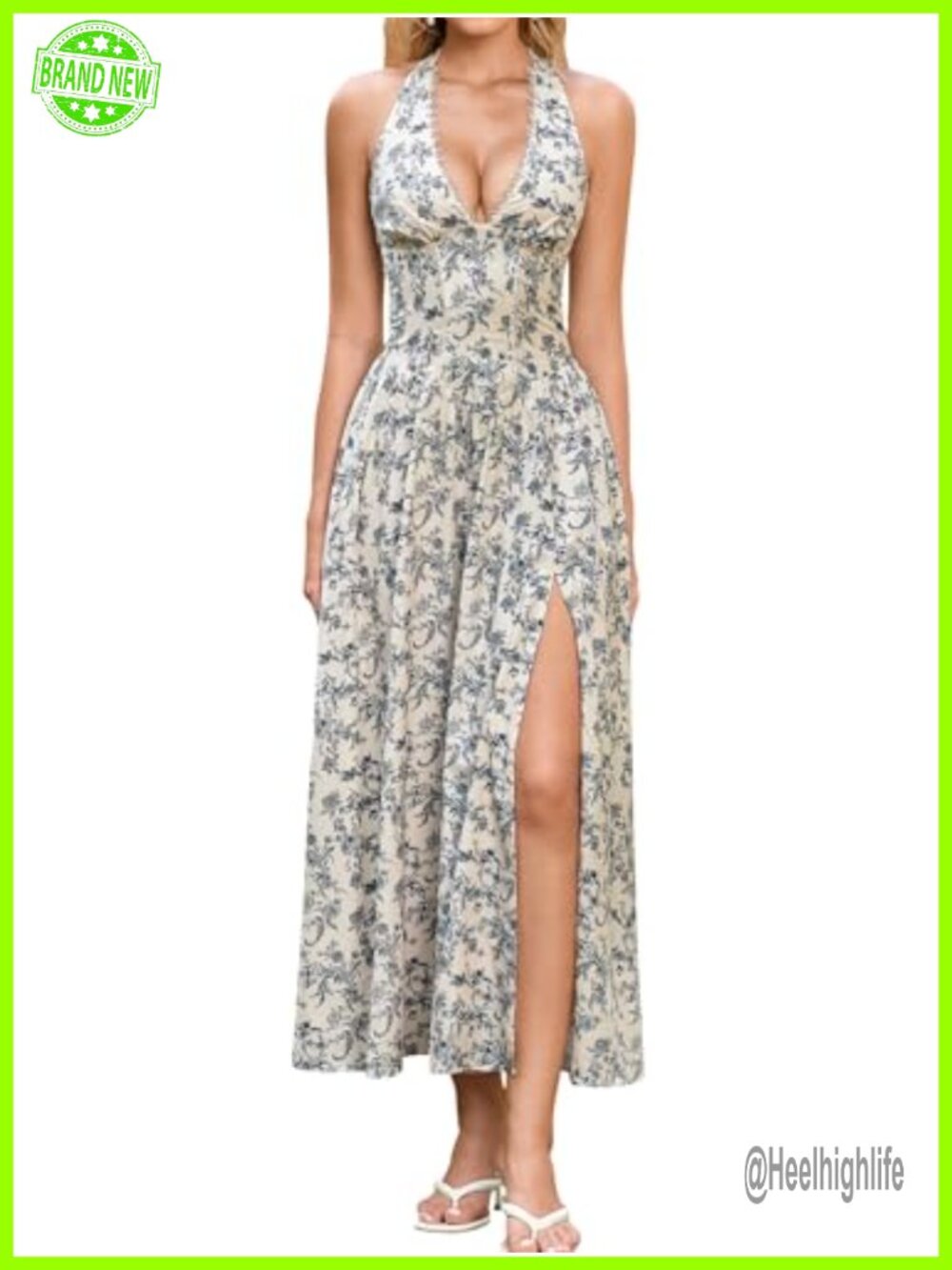 Floral Halter Midi Dress with Slit Lace Smocked Backless A-Line Sundress